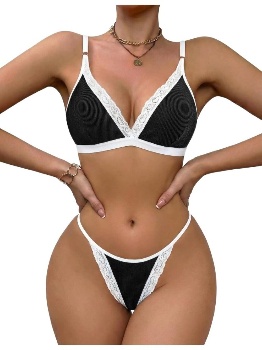 🆕Women's Dark Black Ribbed Bra and Pany Set with Lace Trim Bralettes Lingerie